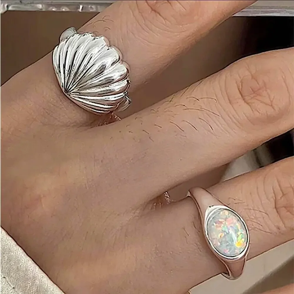 Sterling Silver Shell Opal Ring Set, Minimalist